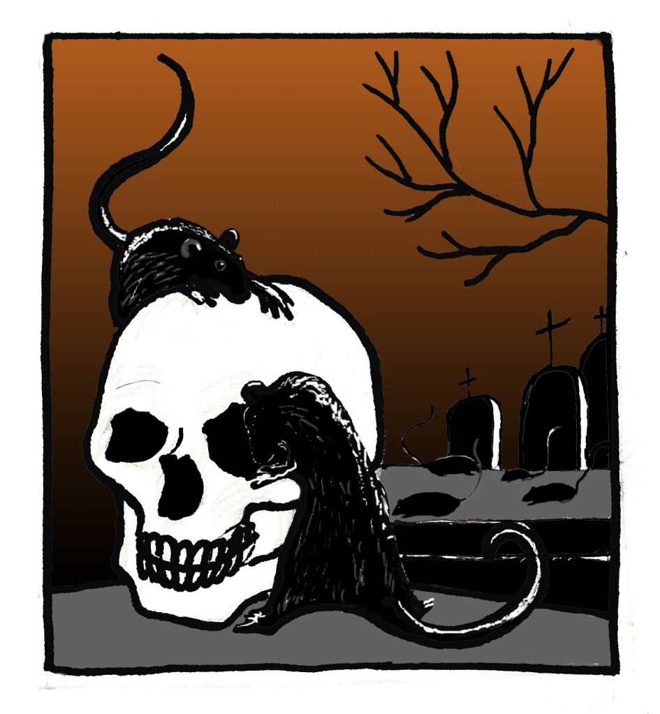 Ilustración de Marta Gómez-Pintado: calavera, ratas y tumbas.