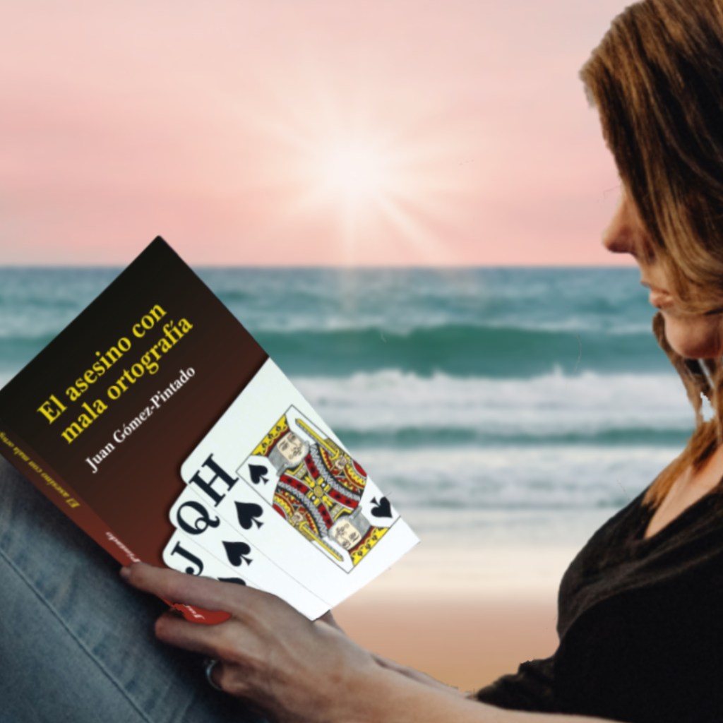 Lectora leyendo "El asesino con mala ortografía" junto al mar