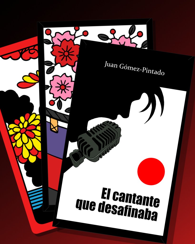 Montaje de la portada de "El cantante que desafinaba" sobre dos cartas Hanafuda